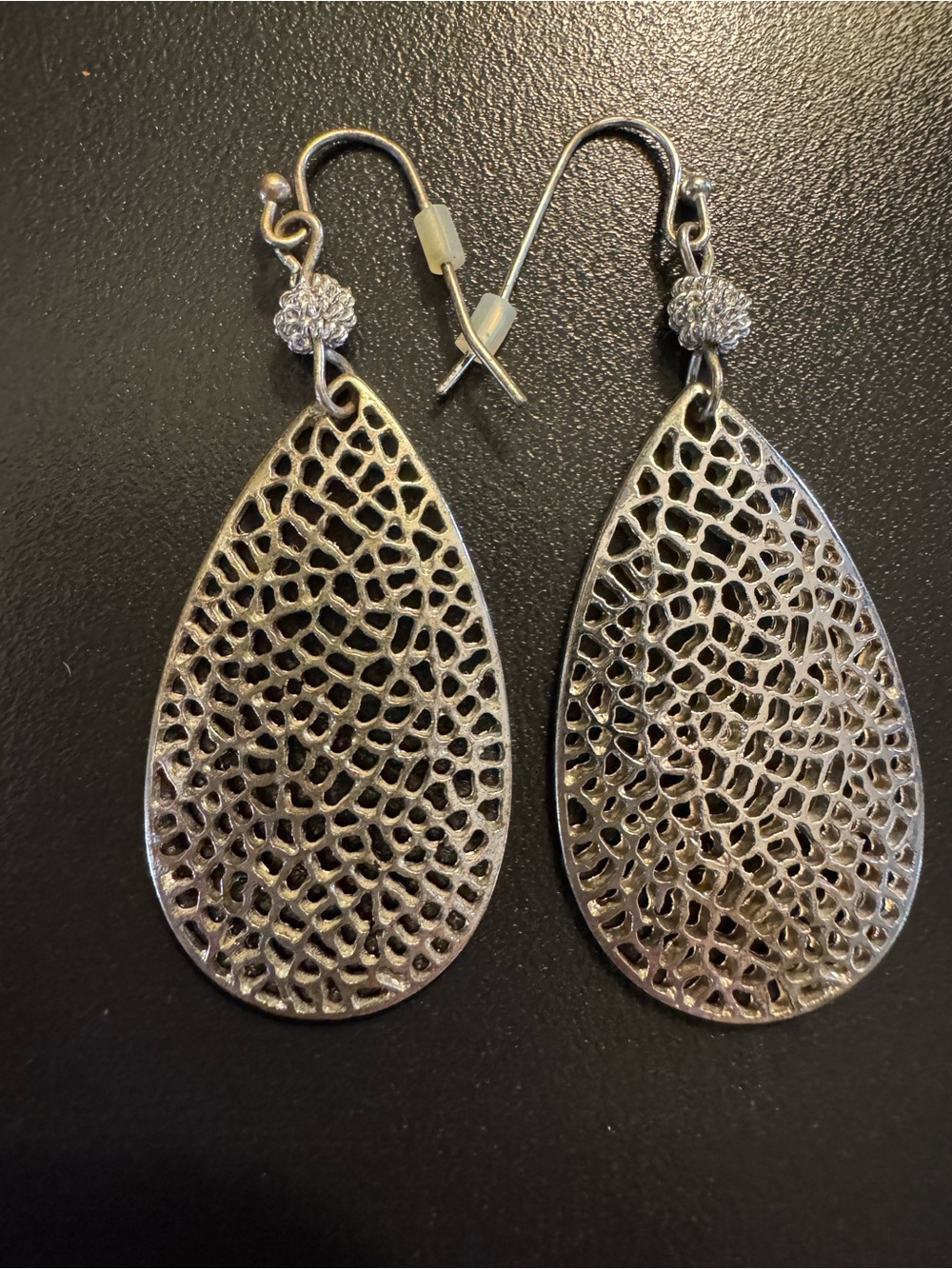 Silver Tone Openwork Filigree Teardrop Dangle Earrings - 2”
